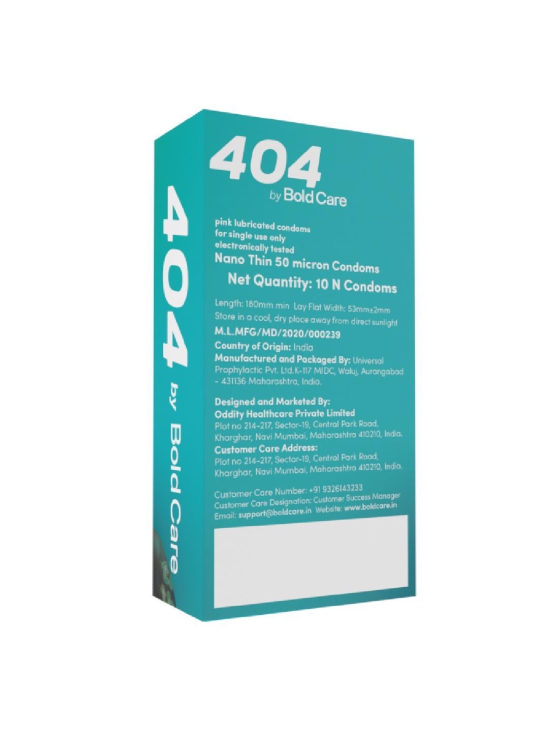 404 by Bold Care Super Nano Thin Condoms For Men, 50 Microns, For a deep connection and real intense contact - Pack of 10 Condoms