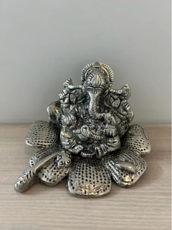 Aarna Creations Metal Ganesha | Silver Gudhal Ganesh | Antique Silver Hand-Carved Ganesh Sitting on Hibiscus