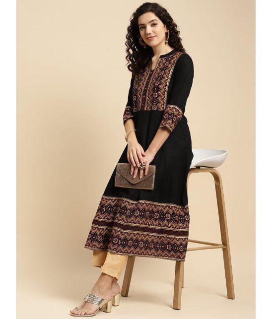 Rangita Women Rayon Black Ethnic Printed Calf Length Flared Kurti - None