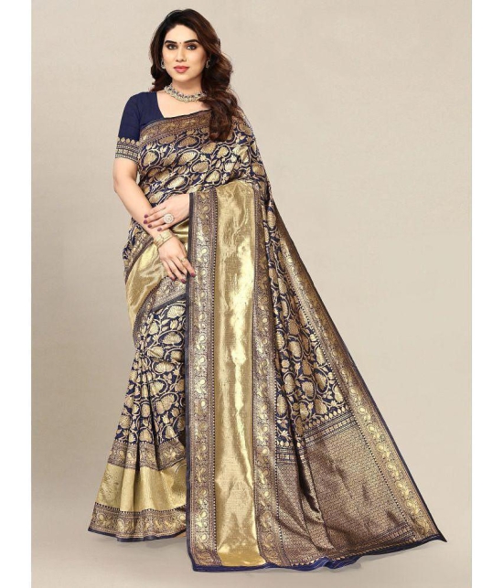 Om Shantam Sarees - Navy Blue Banarasi Silk Saree With Blouse Piece ( Pack of 1 ) - Navy Blue