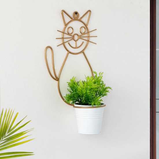 Cat Wall Planter Pot In Galvanized Iron (13 Inch, Brass Finish)