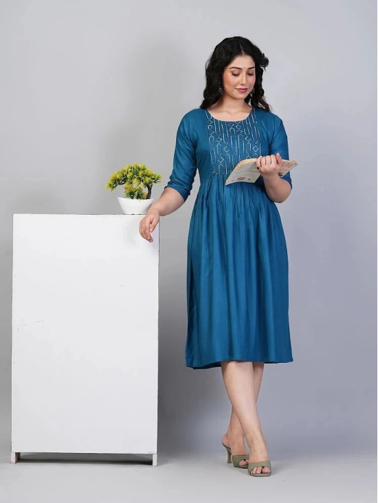 RIAANA Rayon Embroidered Anarkali Womens Kurti - Blue ( Pack of 1 ) - None