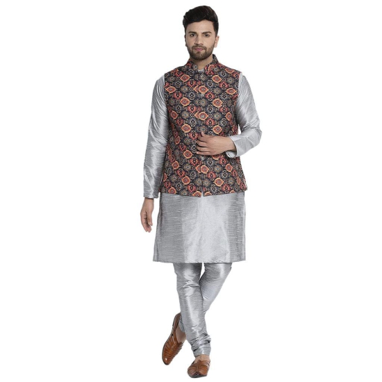 Banity Bey Men's Silk Blend Silver Kurta Pajama with Designer Ethnic Nehru Jacket/Modi Jacket/Waistcoat