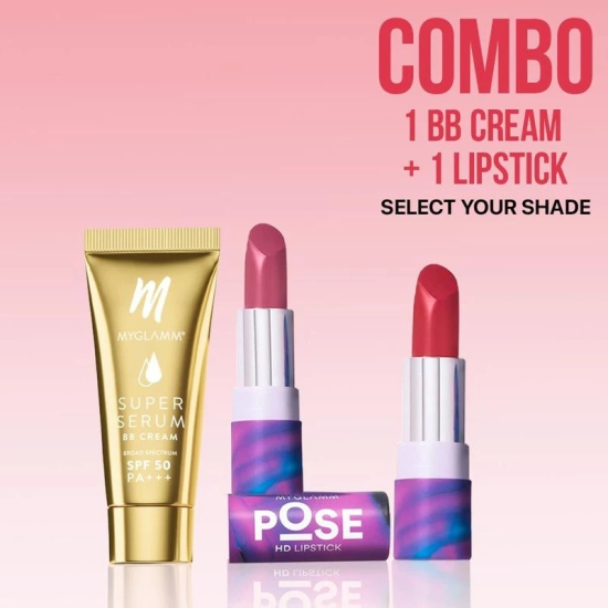 MyGlamm Combo Of Super Serum BB Cream 15g + POSE HD Lipstick | BB Cream With Hyaluronic Acid & SPF 50 & Long Lasting, Matte Finish HD Lipstick