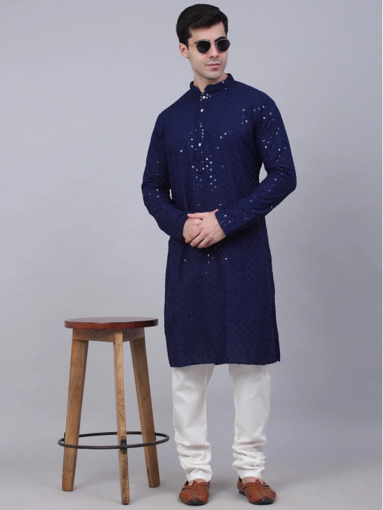 Men Navy Blue Chikankari Embroidered and Sequence Kurta with Churidar-S / Navy-Blue