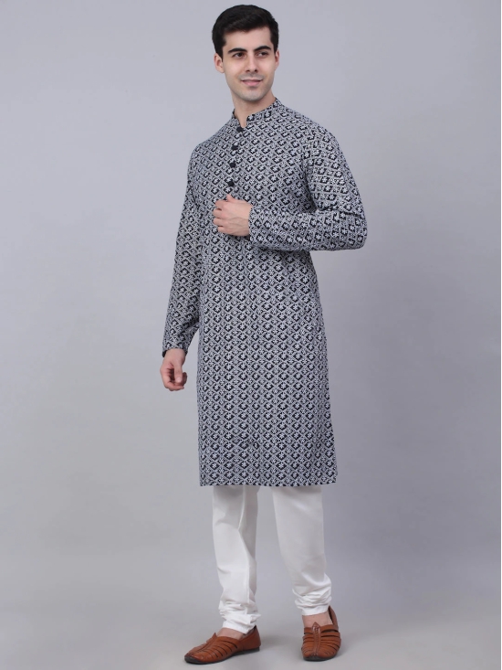 Mens Navy Blue & White embroidered Straight Kurta Pyjama Set-XXL / Navy-Blue