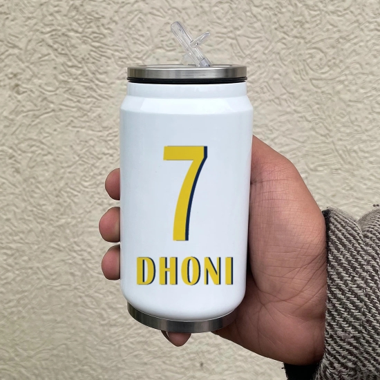 Indigifts Dhoni Coffee Tumbler With Lid And Straw 350 ML|Insulated Steel Sipper Can For Travel|Cold & Hot Beverages|Dent & Scartch Proof|Safe for Kids|MULTI|