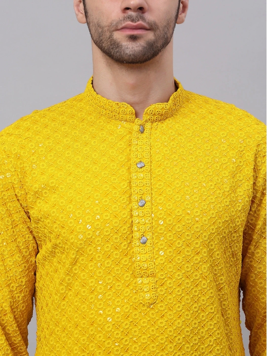 Men Yellow Chikankari Embroidered and Sequence Kurta with Churidar-XXL / Yellow