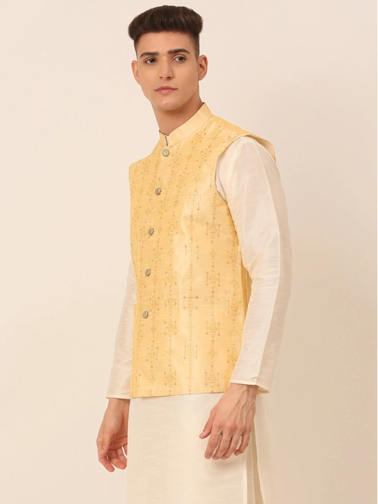 Men Golden Embroidered Woven Nehru Jackets-L / Golden