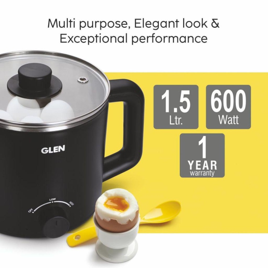 Glen Multicooker Electric Kettle 1.5 Litre Cook & Boil 600W- Silver and Black (9016 EX)