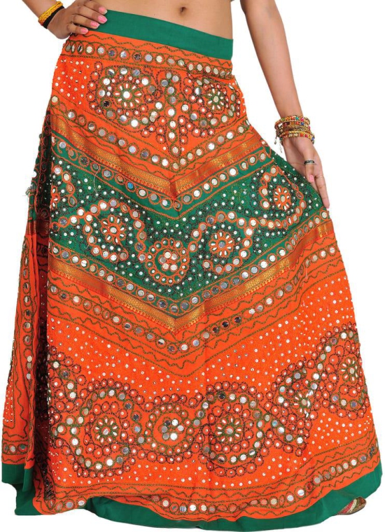 Orange And Green Long Ghagra Skirt from Jaipur with Aari Embroidery and Sequins