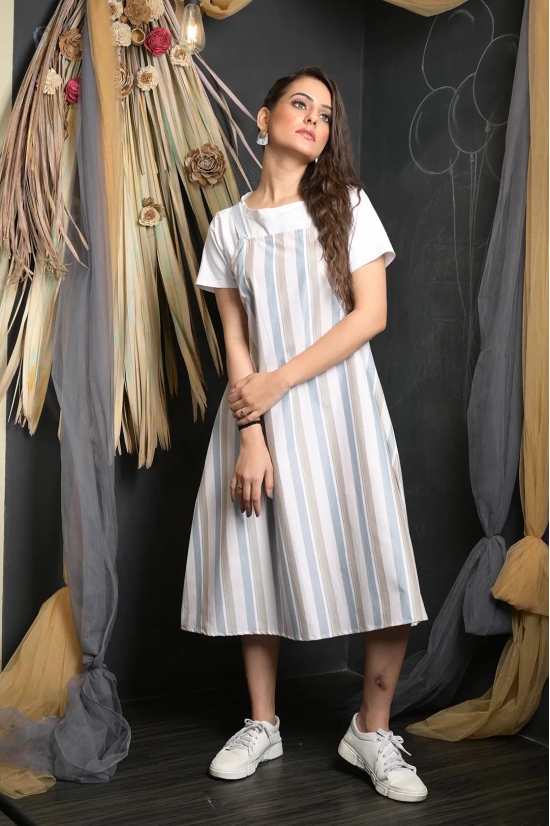 OWO THE LABEL Stripe Print Women Dress Dungaree Style Striped Dress (OTL-DRS1090)-White / XL