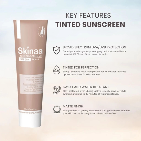 Skinaa Tinted Sunscreen SPF 50 PA+++, UVA & UVB Protection, Broad Spectrum, Sweat and Water Resistant, Radiant Matte Finish, Non Comedogenic and No White Cast For All Skin Type - Women & Men 50ml