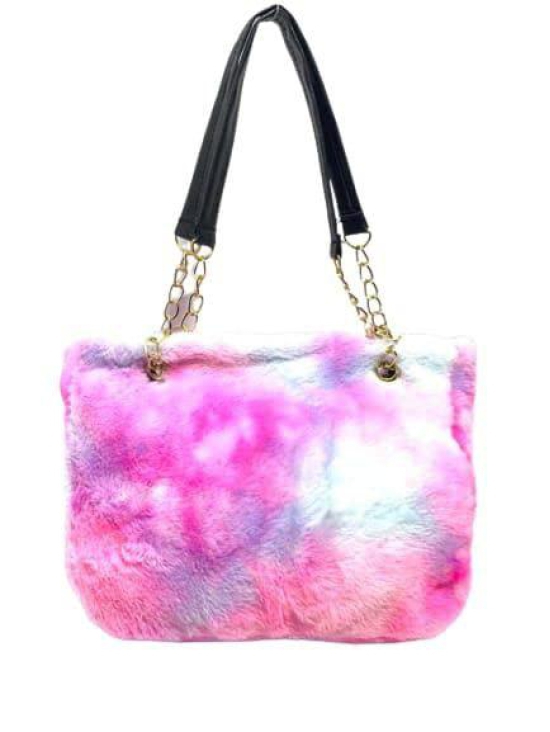 Fluffy Rectangular multi color Fur handbag with Chain Strap and single Zipper