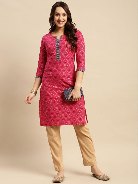 Rangita Women 100% Cotton Pink Contrast Placket Gold Printed Knee Length Straight Kurti - None