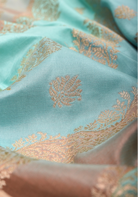 Sky Blue and Peach leheria Jaal Banarasi katan silk saree with zari Meenakari border | SILK MARK CERTIFIED