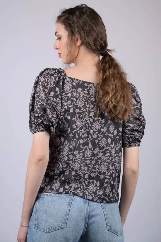 Black Floral Printed V-Neck Puff Sleeve Top (OTL-TPS1011)-Black / M