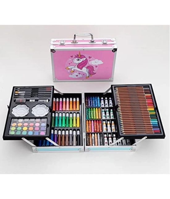 Unicorn Design-Pink 145-Piece Art Supplies Set for Kids | Delue Studio Drawing and Painting Kit in Portable Aluminum Case | Great Gift for Boys, Girls, Children, Teens, and Artists - Pink