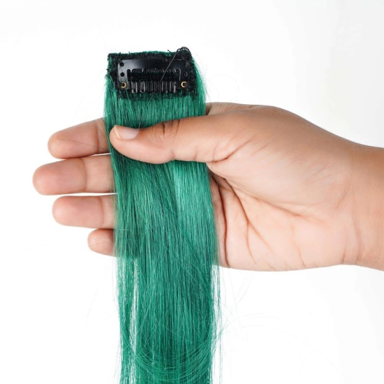 RefynHair - 100% Natural Human Hair Extensions Wigs | Dark Green Color Streax | 20 Inches | Pack of 1 | Streaks Highlighter For Women And Girls | Rainbow Color Hair Extensions for Festival Party