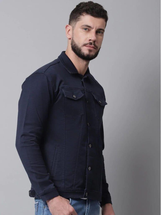 Rodamo Men Navy Blue Denim Cotton Jacket with Patchwork