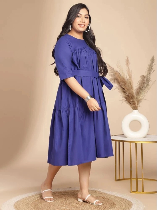 Janasya Cotton Blend Solid Midi Womens Fit & Flare Dress - Blue ( Pack of 1 ) - None