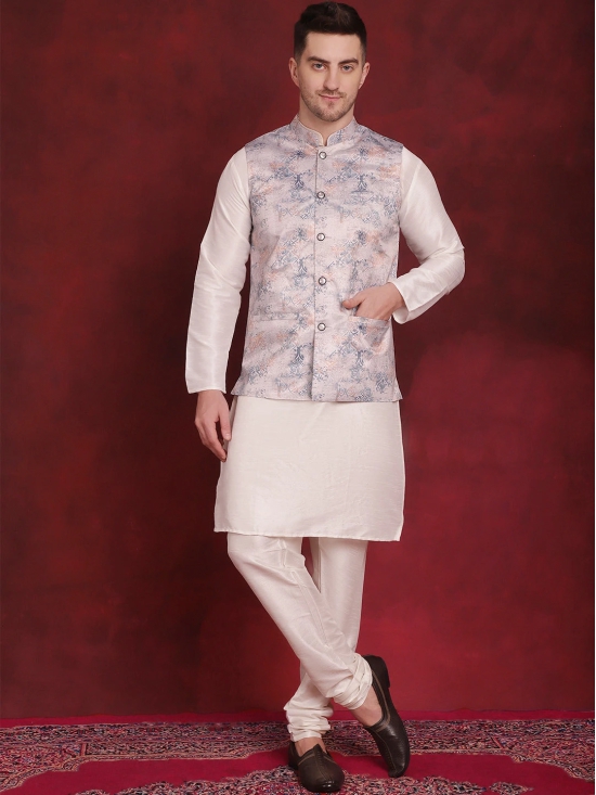 Silver Floral Printed Nehru Jacket With Kurta Pyjama Set-M / Silver