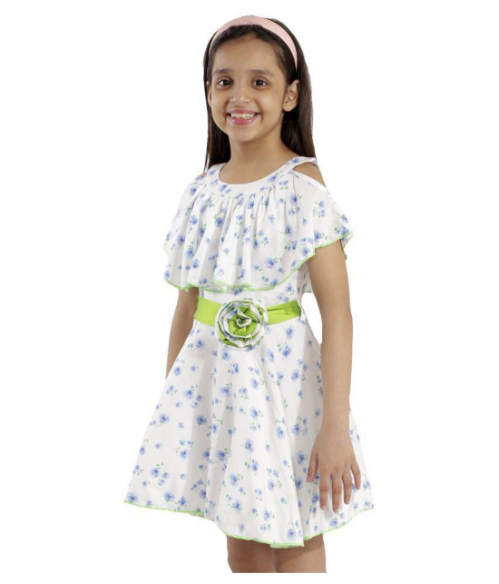 Kids Cave cut-out dress for girls fit and flare belted with flower fabric rayon floral print (Color_White, Size_3 Years to 12 Years) - None