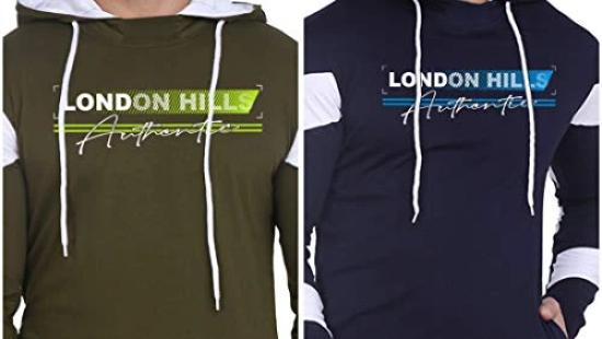 London Hills Mens Regular Fit Printed Full Sleeve Cotton Blend Hooded T-Shirt (Pack of 2)