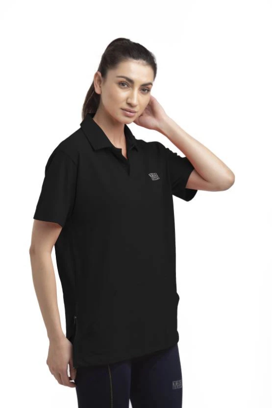 Women Solid Polo Neck Polyester Black T-Shirt