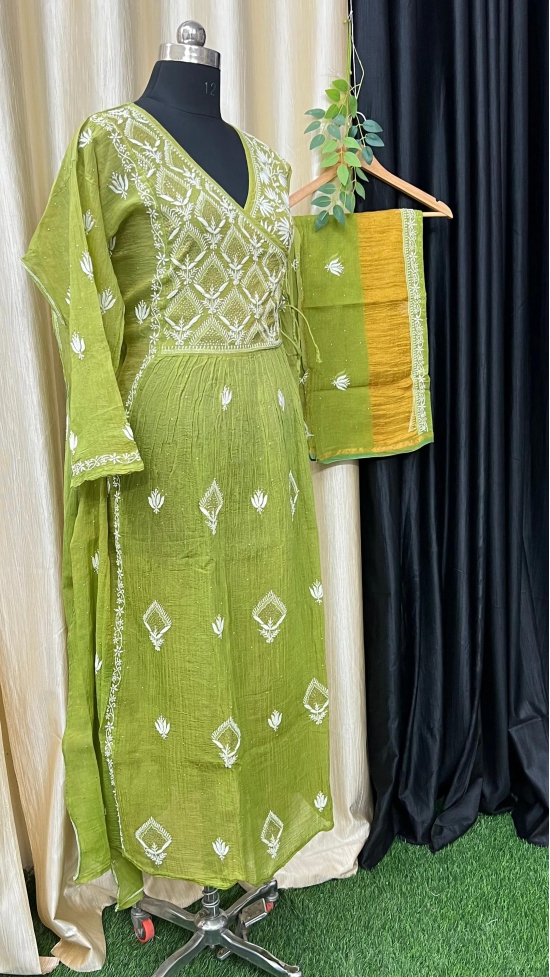 Chikankari Tunics-Pure Tissue Silk / Parrot  Green / Tunics