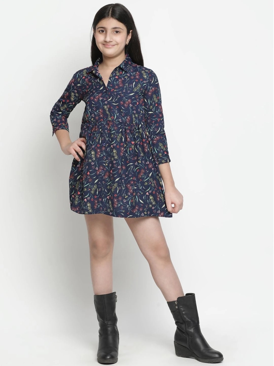 Oxolloxo Girls Navy Blue Floral Satin Shirt Dress