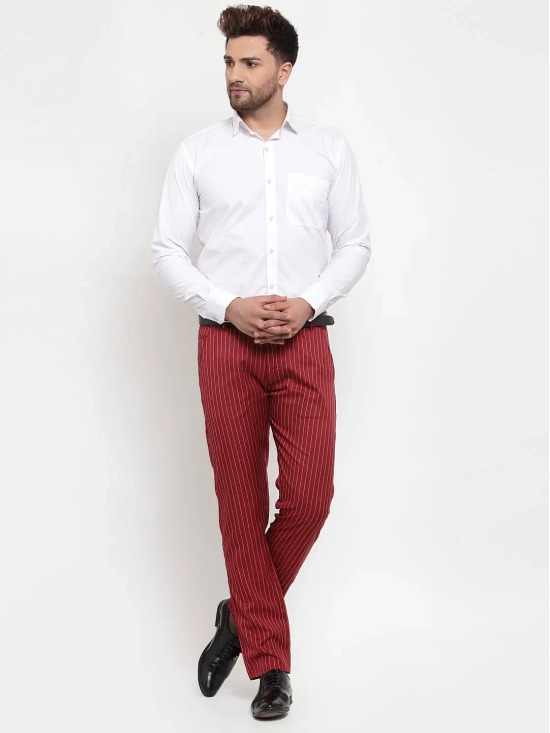 Indian Needle Men's Red Cotton Striped Formal Trousers-32 / Maroon