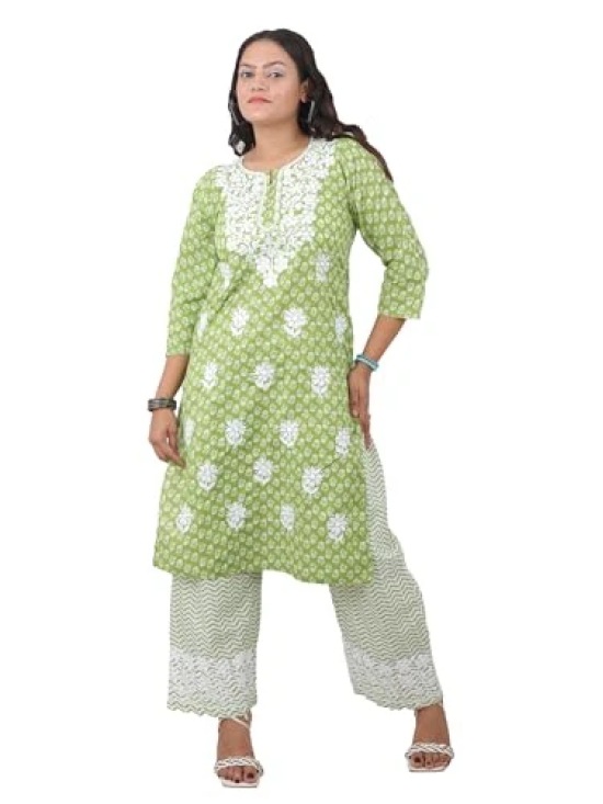 Lucknowi Chikankari Fine Embroidered Cotton Kurti and Palazzo Set Light Green