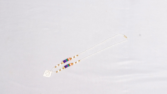 White Bone Carved Leaf Pendant Necklace with Multicolor Wood Beads