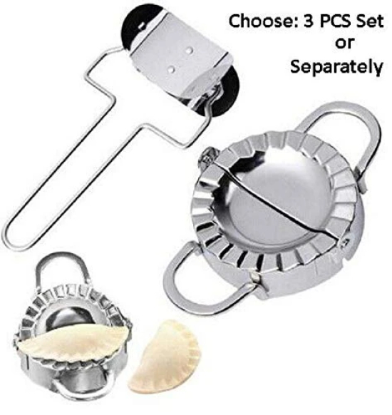 3Pcs Set Stainless Steel Dumplings Maker, 2Pieces Dumpling Molds, 1Piece Dumpling Skin Roller Pie Ravioli Empanadas Press Mold Kitchen Accessories