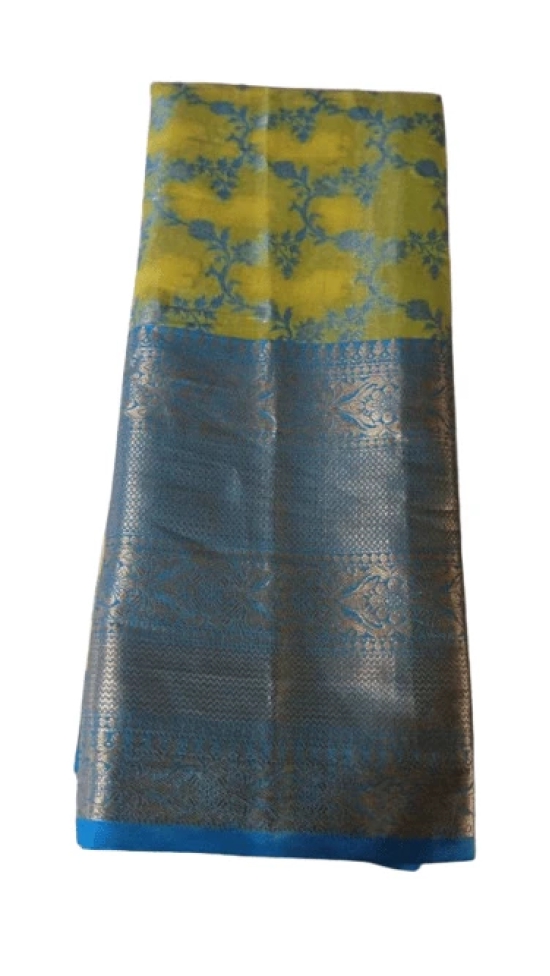 Yellow Tissue Saree With Blue Zari Border