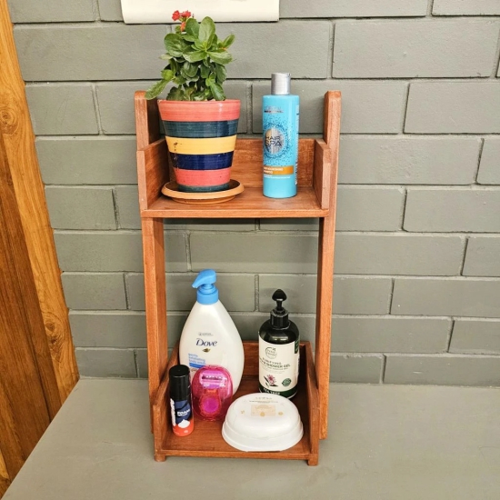 BARISH - Bathroom Organizer Table Top | Organizer Caddy Table Top | Handcrafted with Rubberwood | 2 Spacious Platforms I Fashionable Bathroom Organiser | 22 x 11.5 x 7.75 Inch