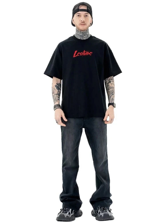 Leotude Cotton Blend Oversized Fit Printed Half Sleeves Mens T-Shirt - Black ( Pack of 1 ) - None