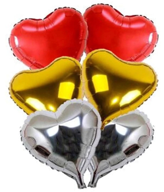 Kiran Enterprises 6 Pcs Heart Foil Balloon Set ( 2 Red, 2 Golden, 2Silver )