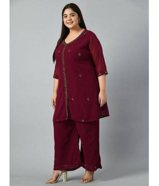 PrettyPlus by Desinoor.com Georgette Embroidered Kurti With Palazzo Women''s Stitched Salwar Suit - Wine ( Pack of 1 ) - None