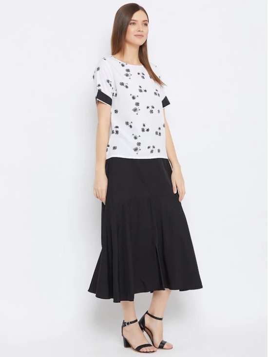 Women White & Black Printed Top with Skirt