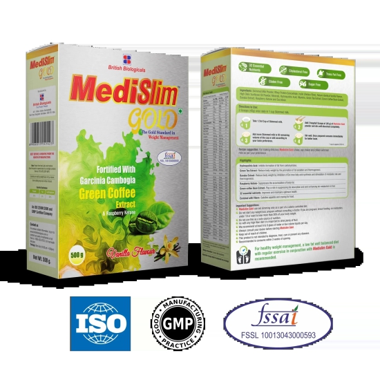 Medislim Gold Meal Replacement Shake For Weight Management - 500 GM - Sugar-free, Cholesterol-free, Zero Trans-fat, Gluten-free Drink with (Goodness of Garcinia Cambogia, Raspberry, Ketone) - BRI