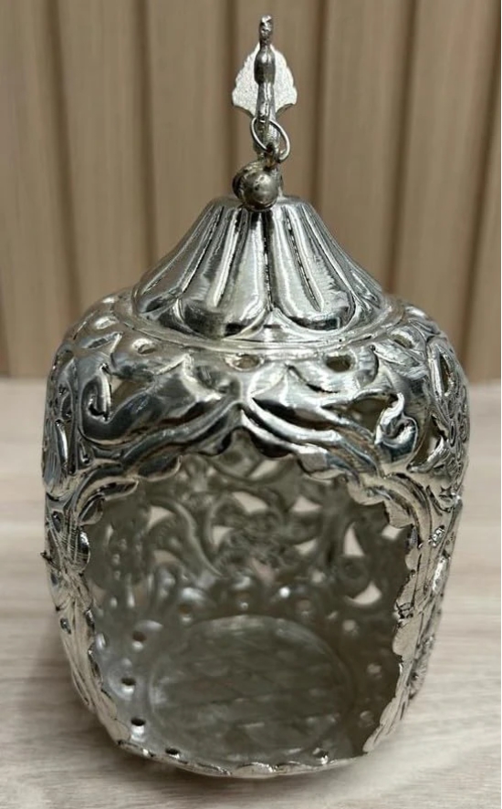 Aarna Creations Hand Crafted Silver Diya Cover| Decorative Dheemla Diya | Beautiful Light Reflection from Candle/Diya Stand | Silver Tea Light Holder