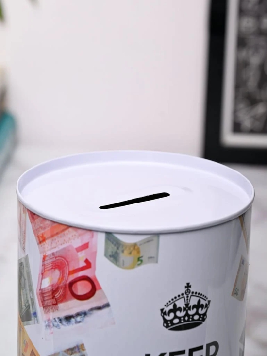 Market99 Money Bank Novelty Toys - White Tin Cylindrical Glossy Finish