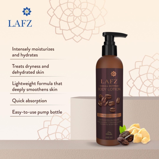 LAFZ COCOA BUTTER MOISTURIZING BODY LOTION | WITH CAFFEINE | DEEP HYDRATION & NOURISHMENT | ALL SEASON BODY LOTION FOR MEN & WOMEN | 250 ml