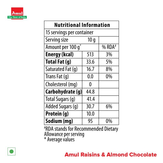 AMUL RAISIN & ALMOND MILK CHOC 150G