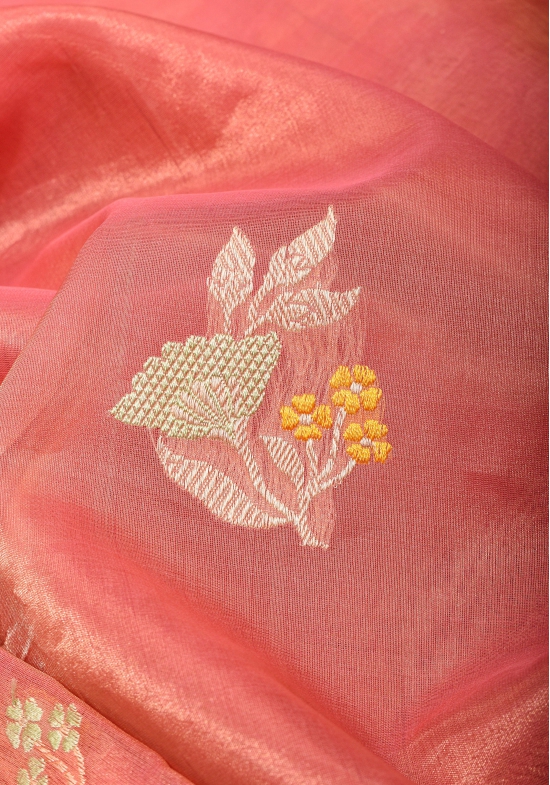 Salmon Pink Tissue Organza Banarasi Pure Silk Saree with Meenakari Buttas | SILK MARK CERTIFIED