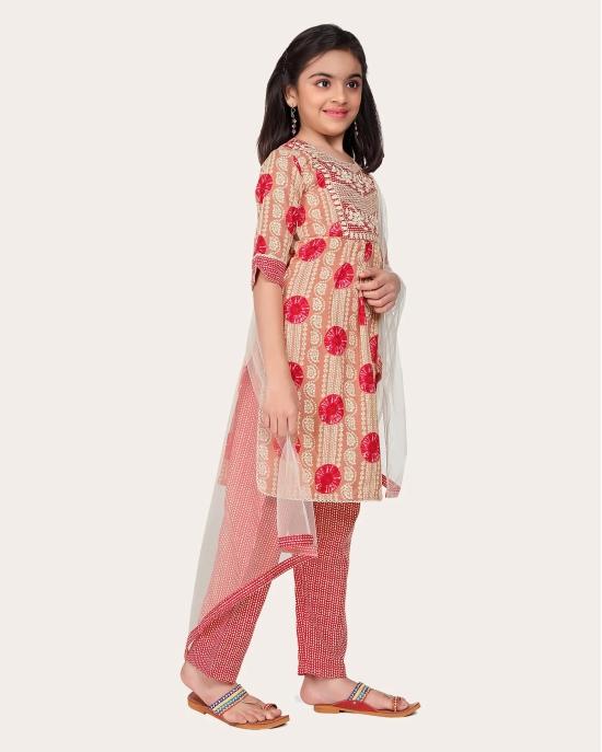 Kids Girls Embrodeary Cotton Printed Fullstiched Nayara Cut Kurtis with Bottom Dupatta set, Kid dresses-Peach / 10 - 11 Years