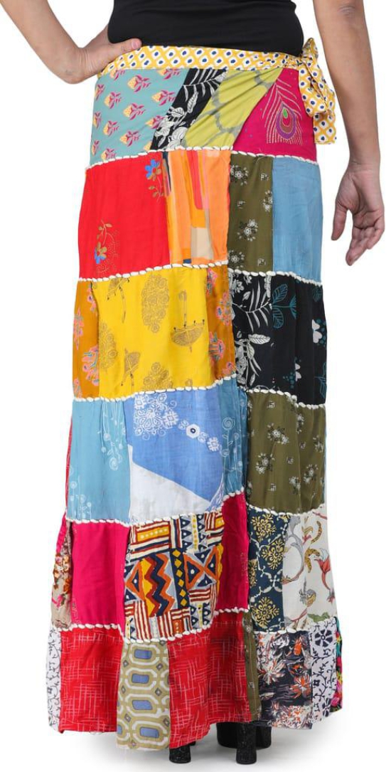 Solitary-Star Printed Long Boho Wrap-On Long Skirt from Gujarat with Patch Work