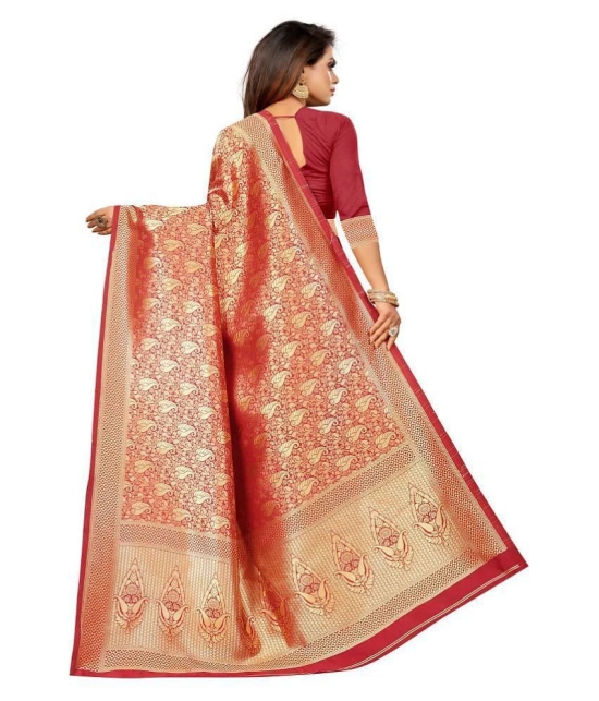 Gazal Fashions - Red Banarasi Silk Saree With Blouse Piece (Pack of 1)